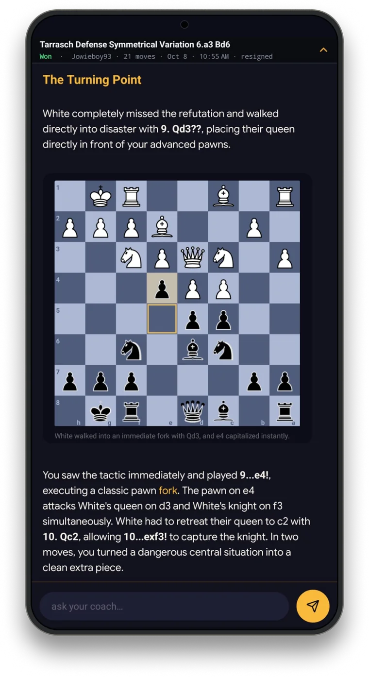 EloCoach game review: the coach explains the move that turned a real game, on the board